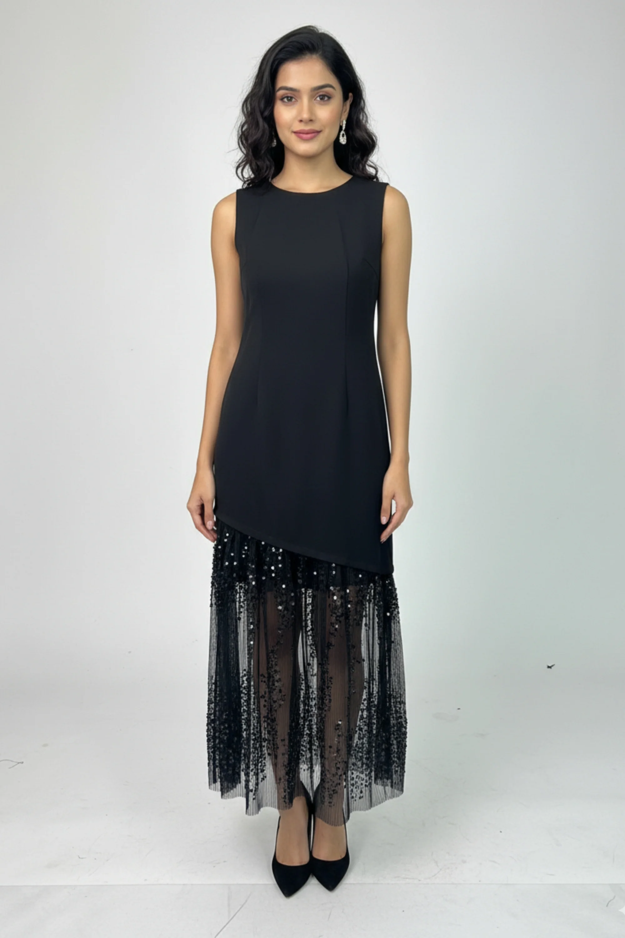 Black Lace & Sequin Midi Dress